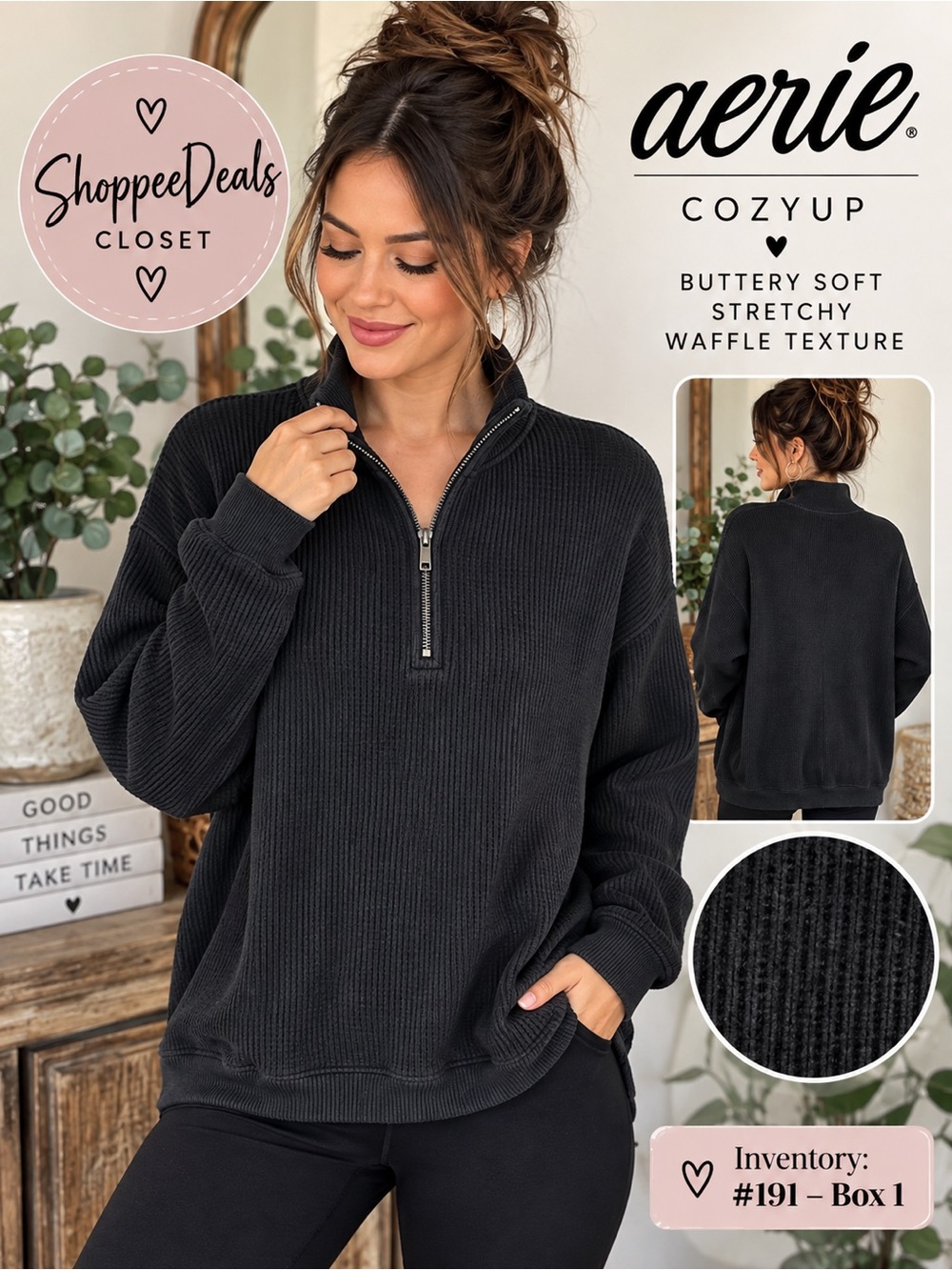 Aerie CozyUp Black Ribbed Quarter Zip Pullover Size Small Soft Waffle Knit